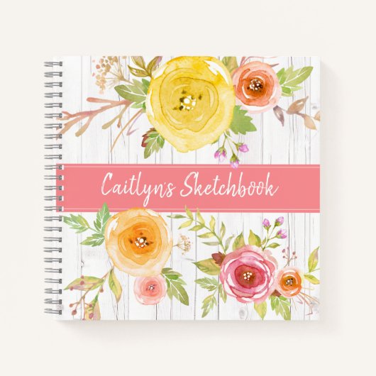 ピンクのフローラの水色のsketchbook素朴な名前 ノートブック (正面)