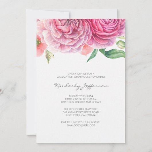ピンクのフローラの水色エレガント写真の卒業 招待状 (裏面)