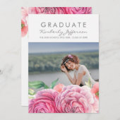 ピンクのフローラの水色エレガント写真の卒業 招待状 (正面/裏面)