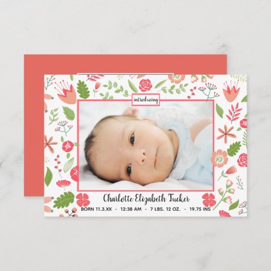 ピンクのフローラの花束 – 3x5生誕発表 案内状 (正面/裏面)
