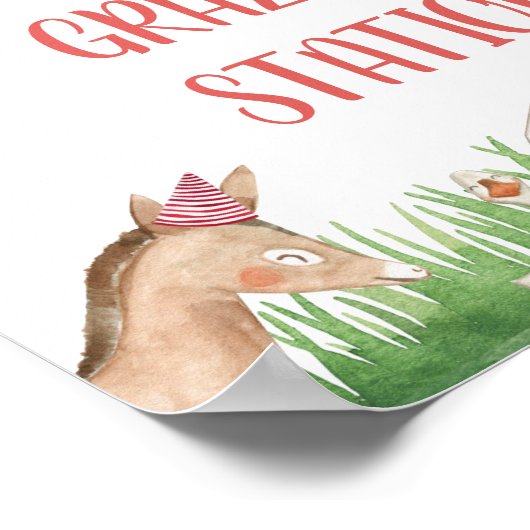 ピンクのフローラの葉のファーム動物の誕生日パーティー ポスター (角)