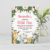 ピンクのフローラの葉サファリガールズワイルドワン 招待状 (スタンド正面)