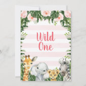 ピンクのフローラの葉サファリガールズワイルドワン 招待状 (裏面)