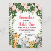 ピンクのフローラの葉サファリガールズワイルドワン 招待状 (正面/裏面)