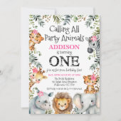 ピンクのフローラの葉サファリファースト誕生日 招待状 (正面)