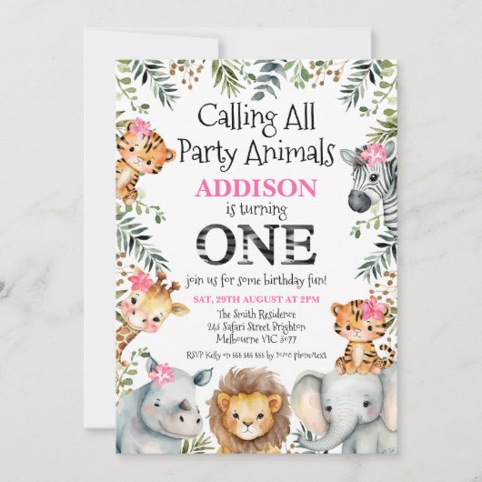 ピンクのフローラの葉サファリファースト誕生日 招待状 (正面)