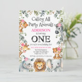 ピンクのフローラの葉サファリファースト誕生日 招待状 (スタンド正面)