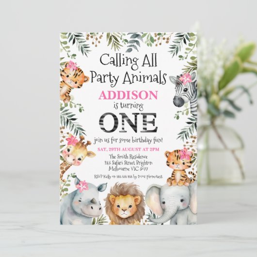 ピンクのフローラの葉サファリファースト誕生日 招待状 (スタンド正面)