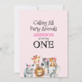 ピンクのフローラの葉サファリファースト誕生日 招待状 (裏面)