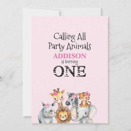 ピンクのフローラの葉サファリファースト誕生日 招待状 (裏面)