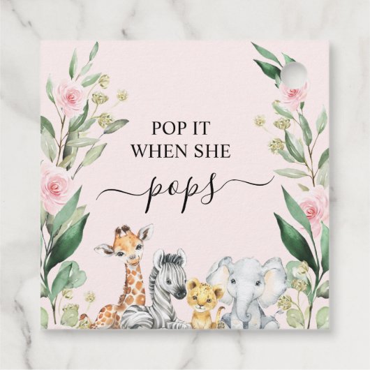 ピンクのフローラの葉サファリポップ・アートのItベビーシャワー フェイバータグ (裏面)