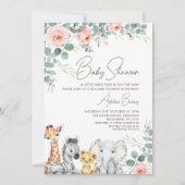 ピンクのフローラの葉サファリワイルドワンベビーシャワー 招待状 (正面)