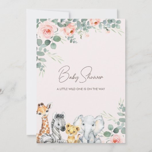 ピンクのフローラの葉サファリワイルドワンベビーシャワー 招待状 (裏面)