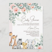 ピンクのフローラの葉サファリワイルドワンベビーシャワー 招待状 (正面/裏面)