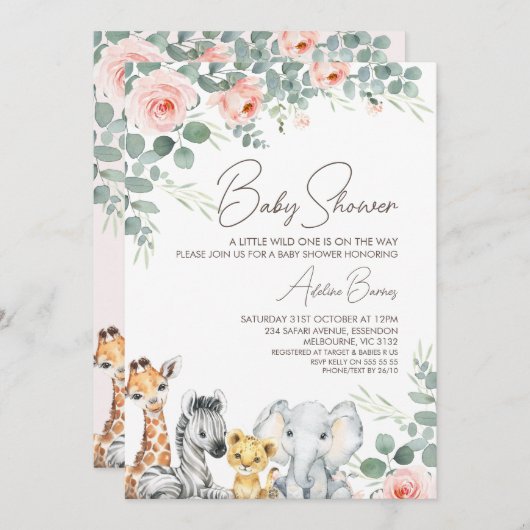 ピンクのフローラの葉サファリワイルドワンベビーシャワー 招待状 (正面/裏面)