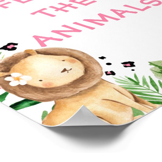 ピンクのフローラの葉サファリ誕生日パーティーサイン ポスター (角)