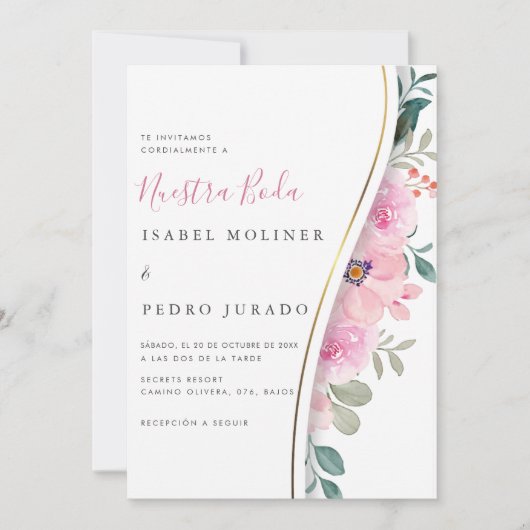 ピンクのフローラの葉ヌエストラスペインのボ結婚ダ 招待状 (正面)