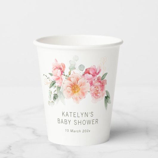 ピンクのフローラの赤ちゃんシャワー 紙コップ (正面)