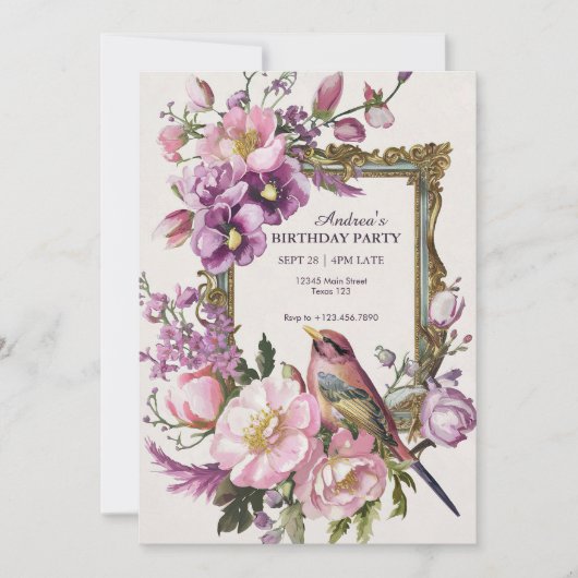 ピンクのフローラの鳥の水色の誕生日 招待状 (正面)