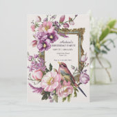 ピンクのフローラの鳥の水色の誕生日 招待状 (スタンド正面)