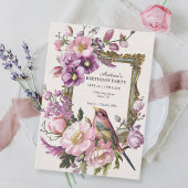 ピンクのフローラの鳥の水色の誕生日 招待状