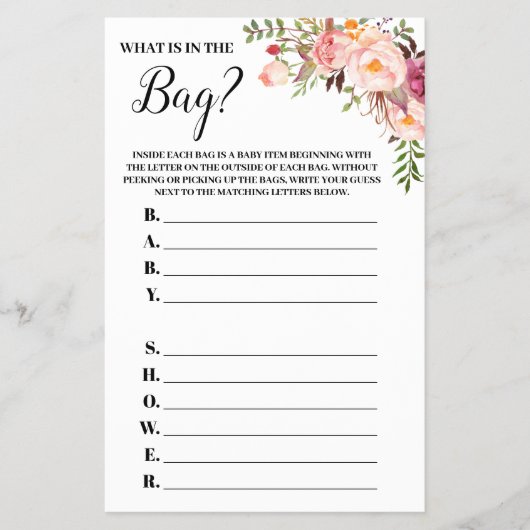 ピンクのフローラのwhatsバッグベビーシャワーゲームカード チラシ (正面)