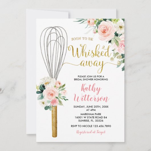 ピンクのフローラはすぐにウィスクされる遠くにブライダルシャワー 招待状 (正面)