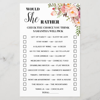 ピンクのフローラは彼女はむしろ赤ちゃんシャワーゲームカード チラシ