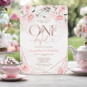 ピンクのフローラは彼女はオンダーフル最初の誕生日 招待状