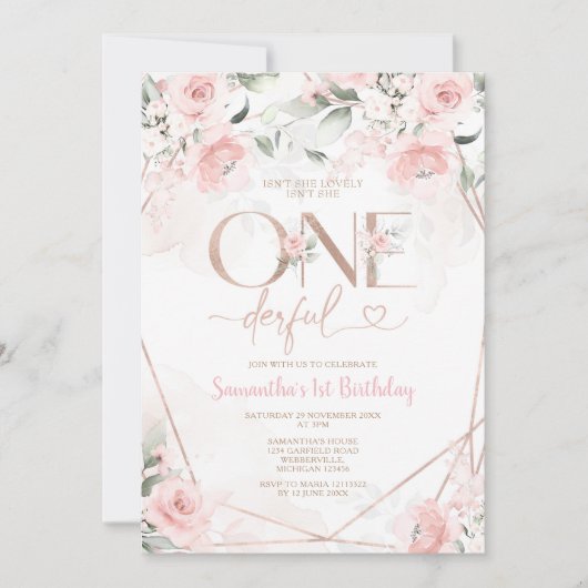 ピンクのフローラは彼女はオンダーフル最初の誕生日 招待状 (正面)