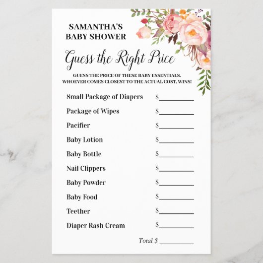 ピンクのフローラは、適切な価格の赤ちゃんシャワーゲームを推測 チラシ (正面)
