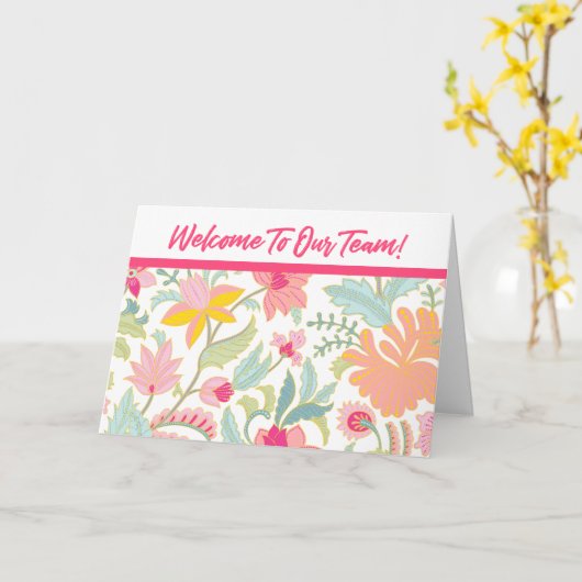 ピンクのフローラようこそ私たちのチームカード カード (黄色い花)
