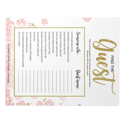 ピンクのフローラを見つけるゲストブライダルシャワーゲーム ノートパッド (正面)