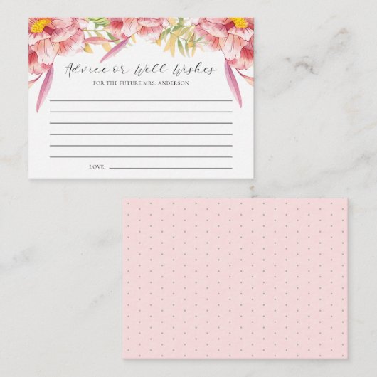 ピンクのフローラアドバイスまたはウェルウィッシュブライダルシャワー アドバイスカード (正面/裏面)