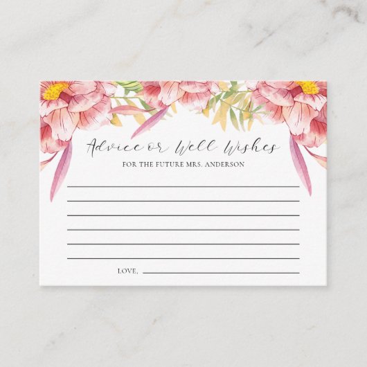 ピンクのフローラアドバイスまたはウェルウィッシュブライダルシャワー アドバイスカード (正面)
