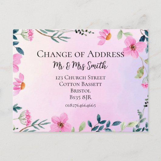 ピンクのフローラアドレスのエレガント変更の新しいホーム 案内ポストカード (正面)