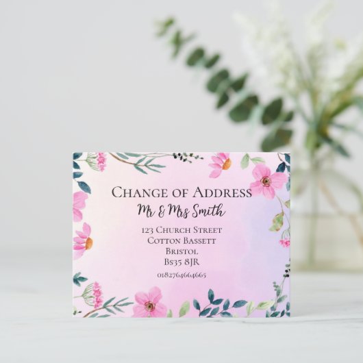 ピンクのフローラアドレスのエレガント変更の新しいホーム 案内ポストカード (スタンド正面)