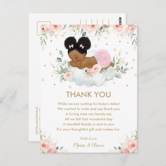 ピンクのフローラアフリカ系アメリカ人ベビーシャワー誕生日 ポストカード (正面/裏面)