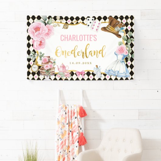 ピンクのフローラアリスOnederland 1st誕生日 横断幕 (インサイチュ)