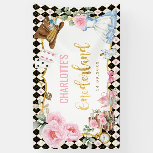 ピンクのフローラアリスOnederland 1st誕生日 横断幕 (縦)