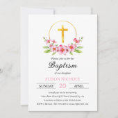 ピンクのフローラアレンジメント、金ゴールドクロスガールバプテスマ 招待状 (正面)