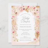 ピンクのフローラアーチ付きBohoをテーマにしたベビーガールシャワー 招待状 (正面)
