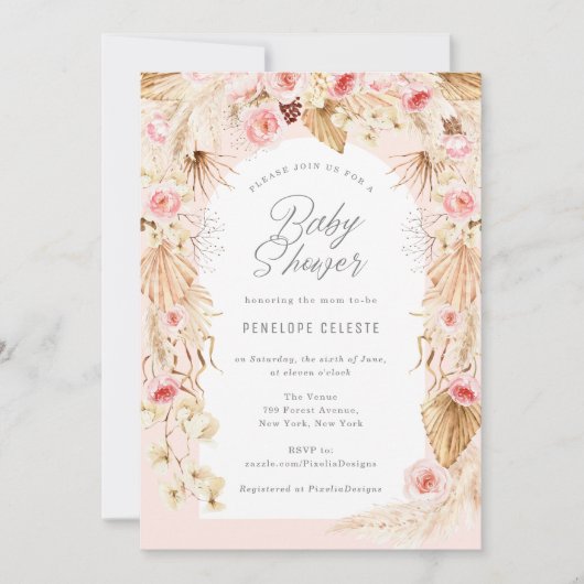 ピンクのフローラアーチ付きBohoをテーマにしたベビーガールシャワー 招待状 (正面)
