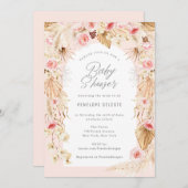 ピンクのフローラアーチ付きBohoをテーマにしたベビーガールシャワー 招待状 (正面/裏面)