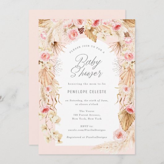 ピンクのフローラアーチ付きBohoをテーマにしたベビーガールシャワー 招待状 (正面/裏面)