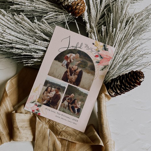 ピンクのフローラアーチ喜び3枚の写真クリスマス シーズンカード