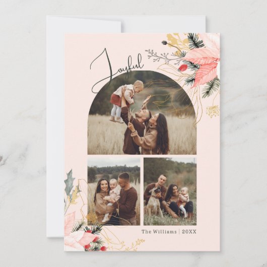 ピンクのフローラアーチ喜び4枚の写真クリスマス シーズンカード (正面)