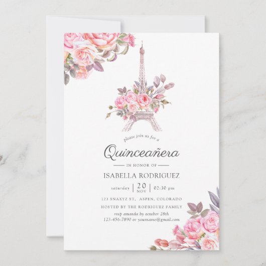 ピンクのフローラウォーターカラーパリをテーマにしたキンセアニラ 招待状 (正面)