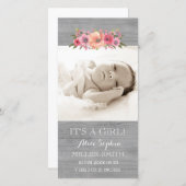 ピンクのフローラウッドフォトベビー誕生発表 案内状 (正面/裏面)