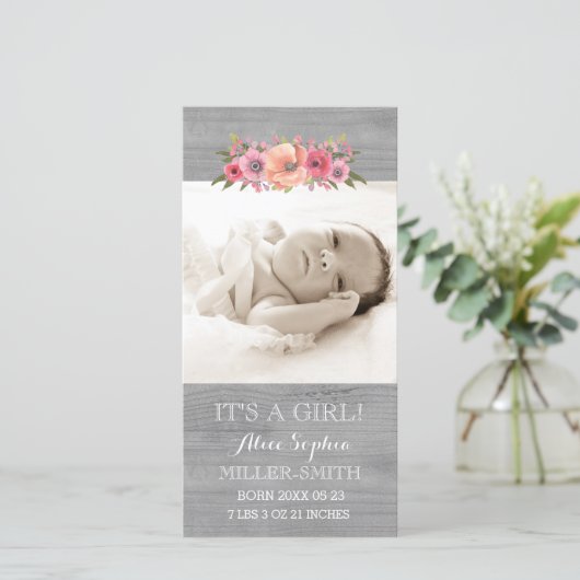 ピンクのフローラウッドフォトベビー誕生発表 案内状 (スタンド正面)